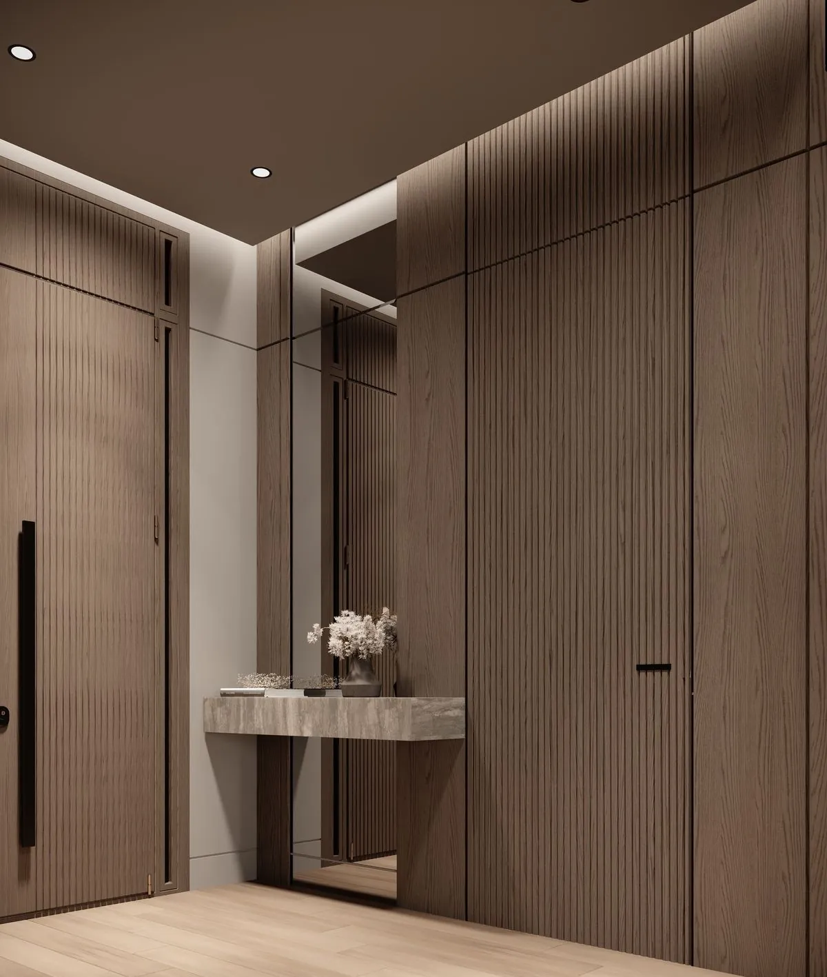 Puerta enrasada sin marco en una pared de listones de madera