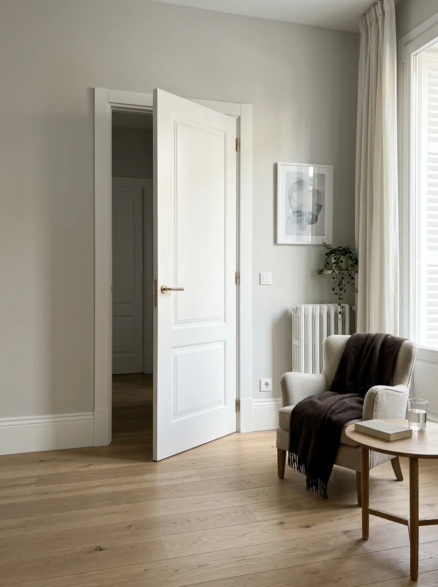 Salón de un piso clásico de Madrid con una puerta lacada en blanco de dos plafones